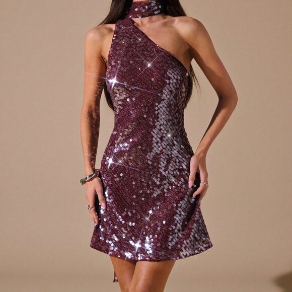 Burgundy Asymmetric Sequin Women's Elegant Party Dress - Picture 5 of 7